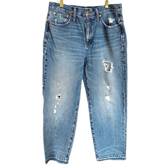 EUC Madewell Classic Straight Jeans Medium Wash Distressed Raw Hem Size 30 - Picture 1 of 7